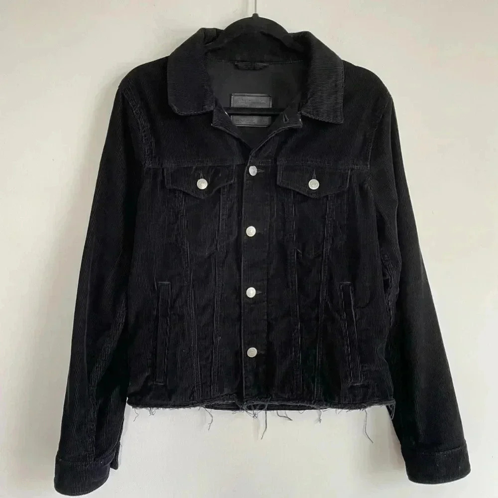 Abercrombie and Fitch Black Corduroy Button Down Unisex Jacket S Raw Edge Collar